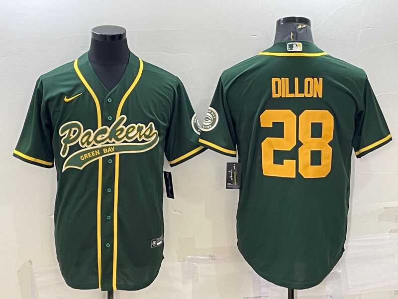 Mens Green Bay Packers #28 AJ Dillon Green Yellow With Patch Cool Base Stitched Baseball Jersey